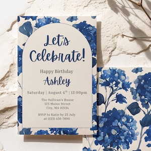 Editable Blue Hydrangea Invitation Template, Chinoiserie Watercolor Download, Cottagecore Floral Digital Party Invite, Ivory Background