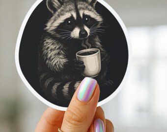 Dark Raccoon Drinking Coffee Sticker, Feral Trash Panda Decal