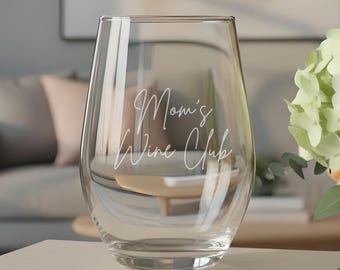 Copa de vino sin tallo grabada con el lema "Club de Vinos de Mamá", copa de vino divertida para mamá, regalo de copa de vino para el Día de la Madre, regalo de cumpleaños para mamá.