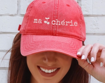Embroidered Ma Chérie Hat, French Vintage-Style Baseball Cap, Cherry Aesthetic Gift for Her, Coquette Cherry Vibes