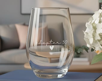 Copa de vino sin tallo grabada, capítulo 50, regalo de 50 cumpleaños para amantes del vino y los libros, regalo de 50 cumpleaños para ella