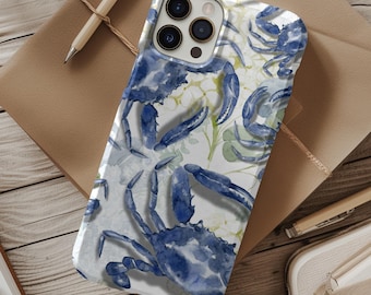 Watercolor Blue Crab and Hydrangea Phone Case for iPhone Samsung or Google Pixel, Maryland Blue Crab Ocean Phone Case Gift for Her