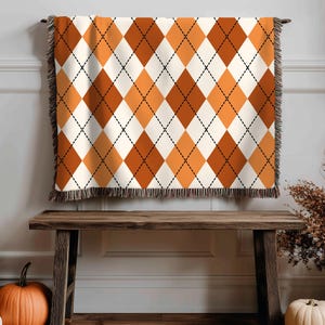 Autumn Argyle Pattern Blanket, 100% Cotton Fall Woven Tapestry, Throw Blanket Gift for Her, Harvest Season Blanket