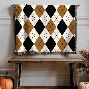 Herfstdeken met argyle-patroon, 100% katoenen geweven tapijt voor de herfst, plaid voor het voetbalseizoen, cadeau voor hem