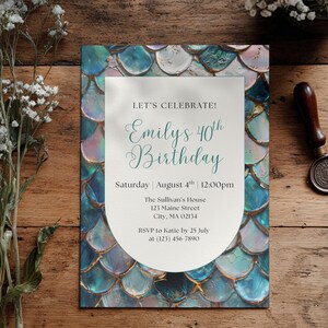 Editable Canva Invitation Template, Iridescent Mermaid Scale Birthday Invite, Mermaidcore Party