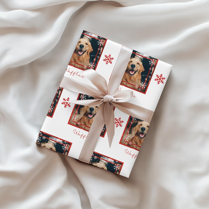 Anpassat omslagspapper för husdjursfoton, personligt hundfoto och namn julklappsinslagning bild 11