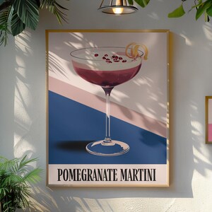 Granatapfel Martini digitale Kunst, Vintage Cocktail Poster mit Lemon Twist, rosa und dunkelblau minimalistische Wandkunst, Bar Dekor, sofortiger Download