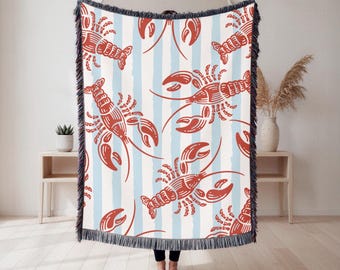 Lobster Throw Blanket with Nautical Stripes, 100% Cotton Woven Tapestry