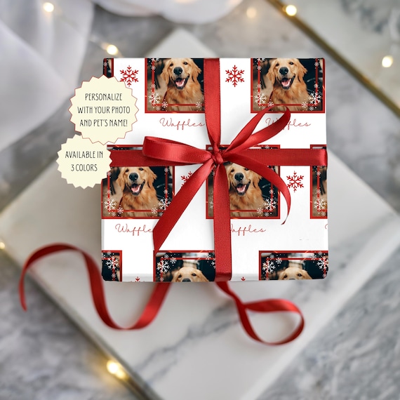 Custom Pet Photo Wrapping Paper, Personalized Dog Photo and Name Christmas Gift Wrap