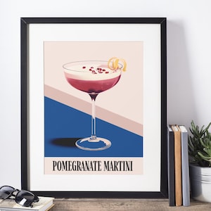 Granatapfel Martini Kunstdruck, Vintage Cocktail Poster mit Lemon Twist, Pink und Marine Minimalistische Küchenwandkunst, Bar Dekor