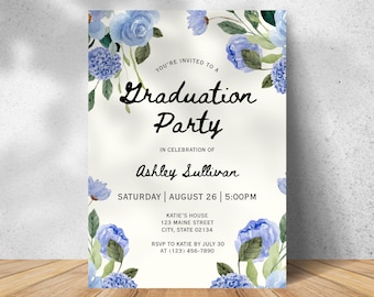 May include: A graduation party invitation with a floral design. The invitation features blue watercolor flowers and text that reads "Graduation Party" and details for the event, including the date, time, and RSVP information.