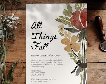 Plantilla de invitación editable de Canva, invitación para fiesta de otoño con ramo floral otoñal.