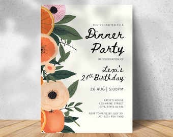 Puede incluir: Una invitación a una cena con ilustraciones florales y de cítricos. El texto de la invitación dice "Dinner Party" en celebración del 24 cumpleaños de Lexi, con fecha, hora y detalles de confirmación. El diseño presenta flores naranjas y rosas.
