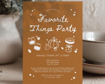Puede incluir: Tarjeta de invitación marrón con texto blanco para una "Favorite Things Party". Incluye ilustraciones de velas, calabaza y postre. Detalles del evento: fecha, hora y lugar.