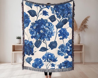 Dark Blue Hydrangea Blanket, 100% Cotton Woven Throw Blanket Gift for Her or Gift for Mom, Blue and White Throw