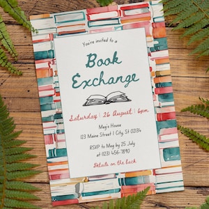 Editable Book Exchange Invitation Template, Book Swap, Book Club, Bookish Party Invite, Watercolor Stacks of Books, Instant Download