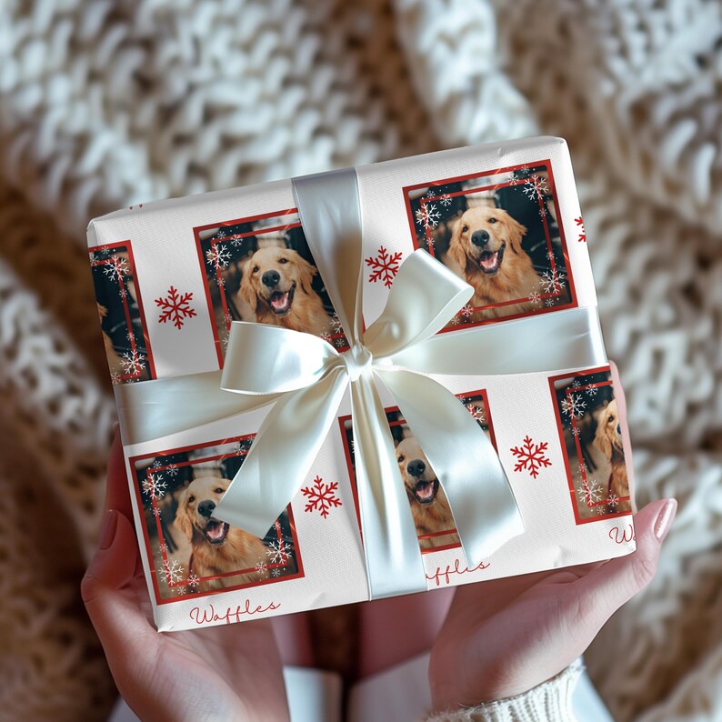 Anpassat omslagspapper för husdjursfoton, personligt hundfoto och namn julklappsinslagning bild 10