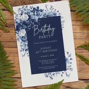 Editable Chinoiserie Birthday Invitation | Blue Willow Floral Template | Navy Milestone Party Invite | Printable Birthday Invite