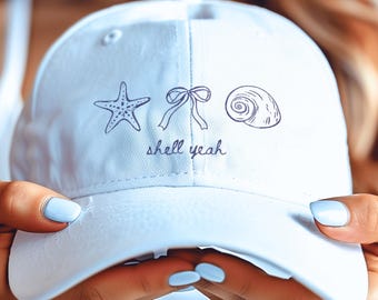 Embroidered Shell Yeah Hat, Shell Pun Summer Beach Cap, Seashell Hat, Mermaidcore Coastal Embroidery Baseball Cap Gift for Her
