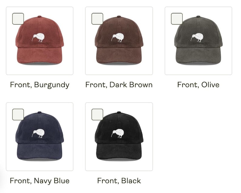 May include: A collection of baseball caps in various colors: burgundy, dark brown, olive, navy blue, and black. Each cap features a white kiwi bird logo on the front. The caps have a curved brim and an adjustable strap.