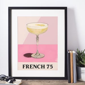 Französischer 75 Cocktail Poster, rosa Wandkunst mit Champagner-Coupé & Zitrone, Vintage-Bar-Druck, Gin-Liebhabergeschenk, Küchendekoration