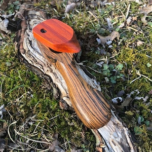 Könnte beinhalten: Eine Holzpfeife zum Rauchen mit einem roten Holzdeckel. Die Pfeife ist aus dunklem Holz mit hellbraunen Streifen. Die Pfeife liegt auf einem Stück Rinde mit Moos und Blättern.