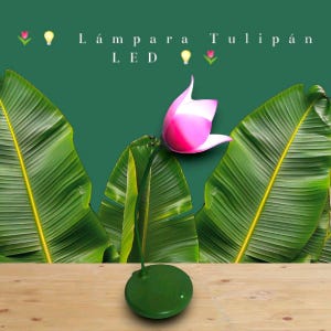 May include: A green LED tulip lamp with a pink flower and a green base. The background features large green banana leaves and the text "Lámpara Tulipán LED". The lamp is on a wooden surface.