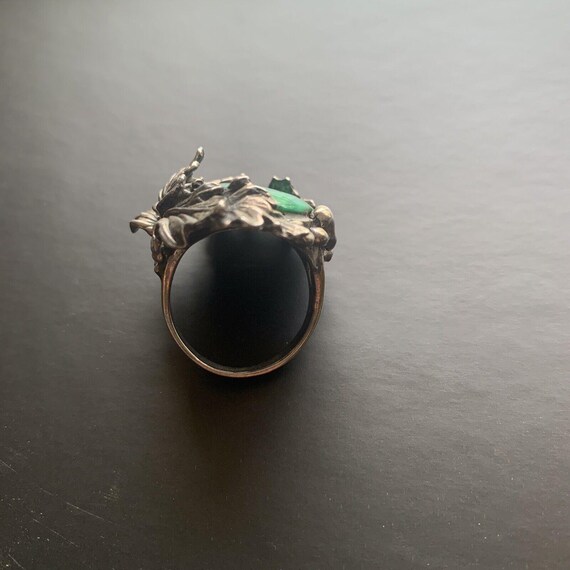LARGE Malachite Silver Ring Framed with Leaves Si… - image 6