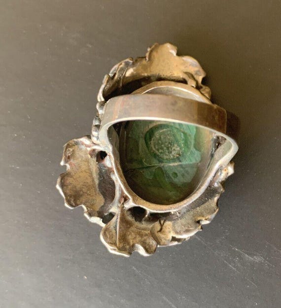 LARGE Malachite Silver Ring Framed with Leaves Si… - image 7