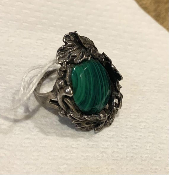 LARGE Malachite Silver Ring Framed with Leaves Si… - image 2