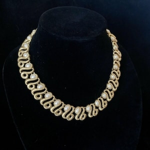 Signed Monet Vintage Gold Tone with Faux Pearl Cabochons Necklace