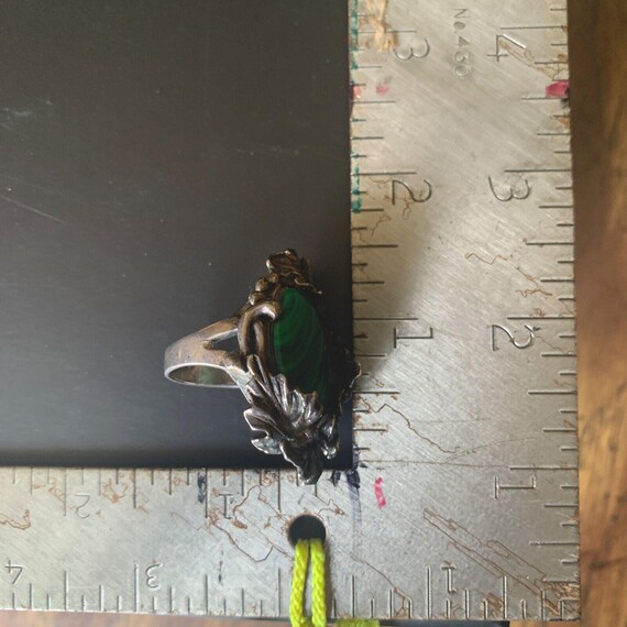 LARGE Malachite Silver Ring Framed with Leaves Si… - image 10