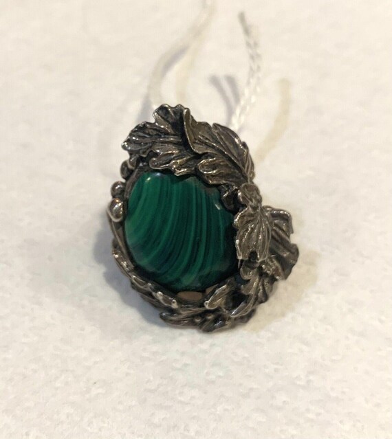 LARGE Malachite Silver Ring Framed with Leaves Si… - image 4