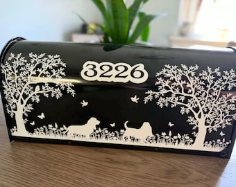 Black Galvanized Steel Mailbox – Bassett Hound Dog, Trees, Butterflies, Wildflowers Silhouette
