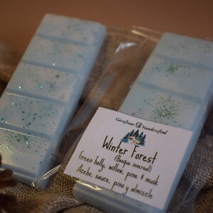May include: Two light blue wax melt bars with green glitter accents, packaged in clear plastic. A label reads "Winter Forest" with scent notes. The bars are displayed on a burlap surface, suggesting a natural theme.