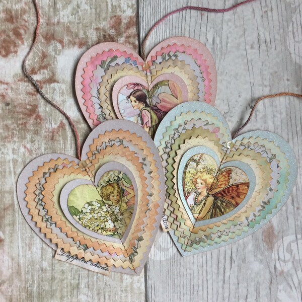 Set of 3 Paper Flower Fairy Hanging Hearts for Display, Junk Journals, Gifting.