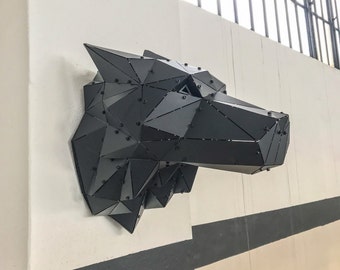 Arte de pared con cabeza de lobo de metal 3D: Escultura geométrica, decoración moderna