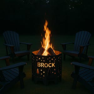 Custom Fire Pit with Name – Octagonal Metal Firepit – Personalized Outdoor Fire Pit – Forest Design – Gift for Him