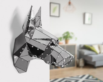 3D metalen dobermann hoofd muurdecoratie: gepolijst roestvrijstalen geometrische sculptuur