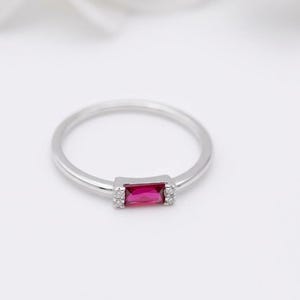 Minimalist Baguette Ruby Ring, Dainty Stackable Silver Gold Band, Birthstone Jewelry