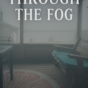 Könnte beinhalten: Buchcover mit dem Titel "THROUGH THE FOG" in weißen Großbuchstaben. Der Name des Autors, K.D. SWARTZ, steht unten. Das Bild zeigt eine Veranda mit einer Bank, einem Tisch und einem Teppich mit Zitrusdesign.