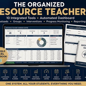 May include: A digital resource teacher command center displayed on a laptop screen, featuring an editable Excel workbook, student intervention summary, and quick start guide. The interface includes data dashboards, charts, and tables for tracking student caseloads, groups, interventions, progress monitoring, and reporting.