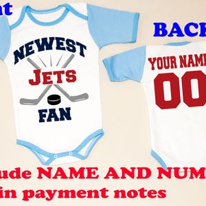 newest Jets Hockey BLUE Personalized NAME and NUMBER on back baby body little boys Bodysuits white Clothing shirt boy toddler boy