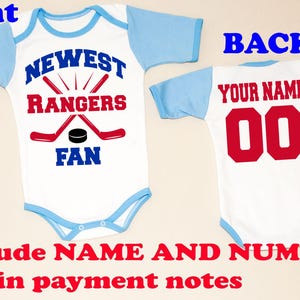 newest Rangers Hockey BLUE Personalized NAME and NUMBER on back baby body little boys Bodysuits white Clothing shirt boy toddler boy