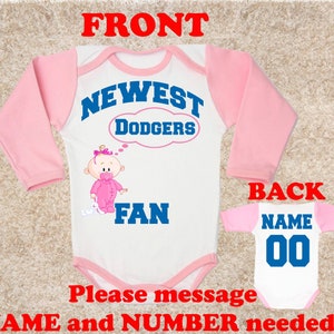 newest Dodgers МЛ PINK PERSONALISED name and number on back baby body little girls bodysuits white clothing shirt lady little girl toddler