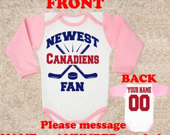 neueste Canadiens Hockey PINK personalisierte Name und Nummer auf dem Rücken Baby Körper kleine Mädchen Bodys weiß Kleidung kleine Mädchen Kleinkind