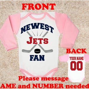 newest Jets hockey PINK  personalised name and number on back baby body little girls bodysuits white clothing little girl toddler