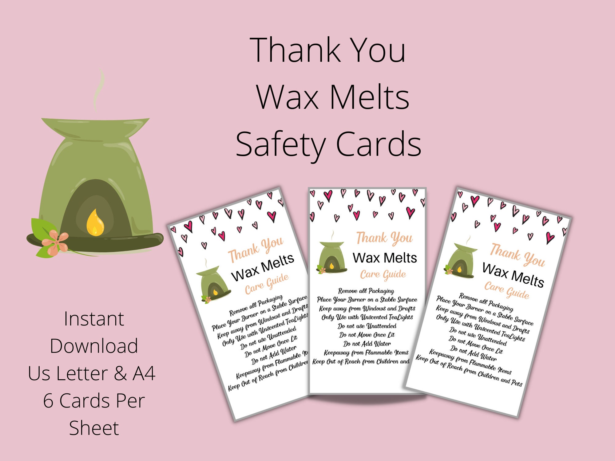 Wax Melt Burner. Wax Melts Safety Cards. PRINTABLE Care Card. Etsy
