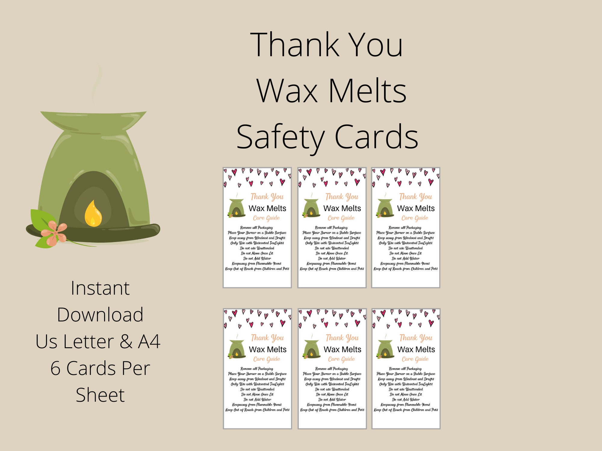 Wax Melt Burner. Wax Melts Safety Cards. PRINTABLE Care Card. Etsy