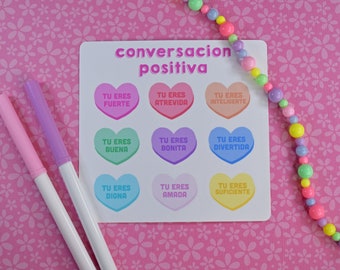 Conversacion Positiva Sticker Sheet Hearts- Affirmations- Spanish